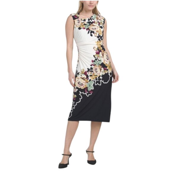 London Times Dresses & Skirts - LONDON TIMES Asymmetrical Ruched Neckline Midi Dress With Slit